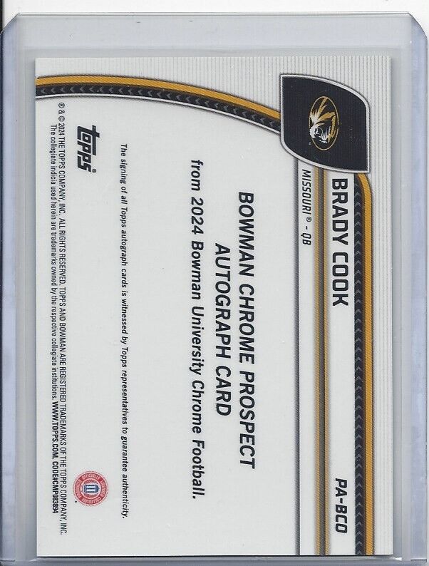 BRADY COOK 20224 BOWMAN CHROME UNIVERSITY YELLOW REFRACTOR AUTO #D /75
