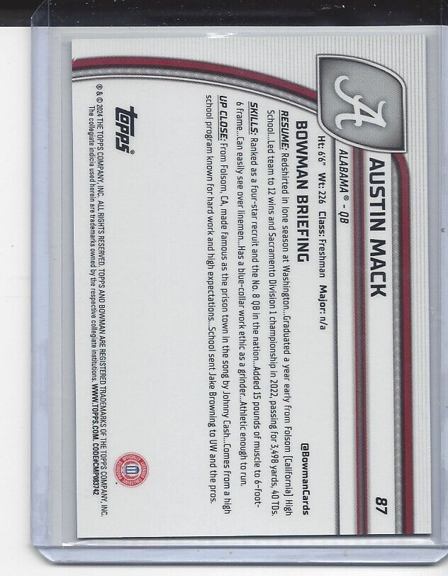 AUSTIN MACK 2024 BOWMAN CHROME UNIVERSITY 1ST AQUA MINI DIAMOND REFRACTOR /275