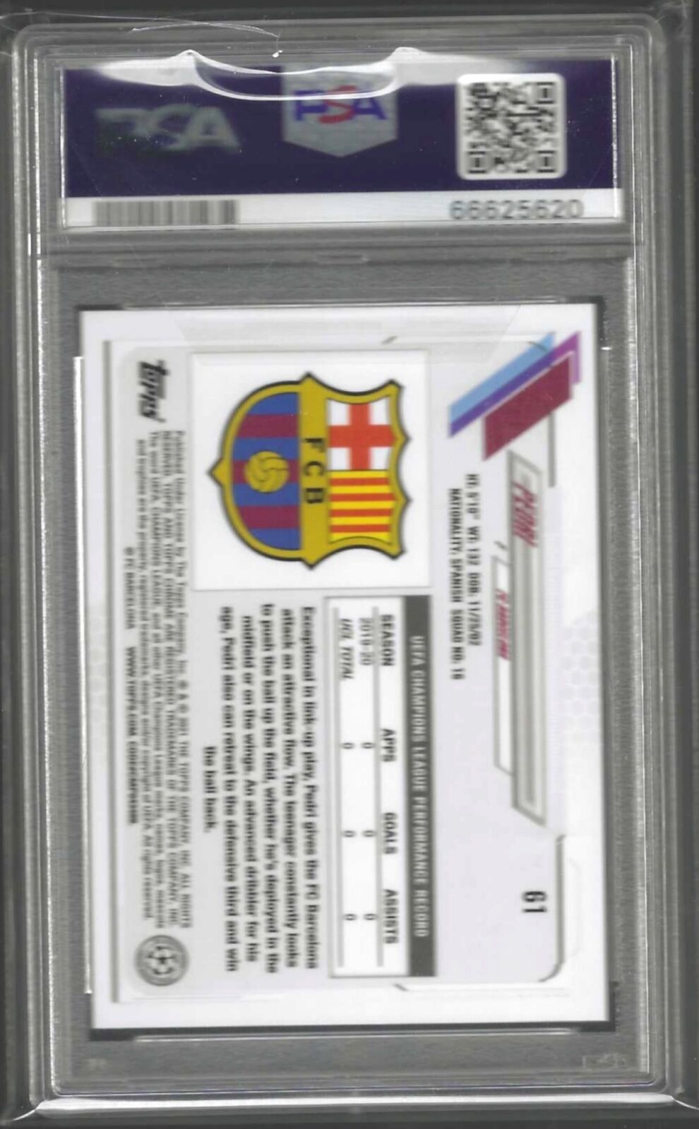 PEDRI 2020-21 TOPPS CHROME UCL SPECKLE REFRACTOR RC #61 PSA 10 GEM MINT