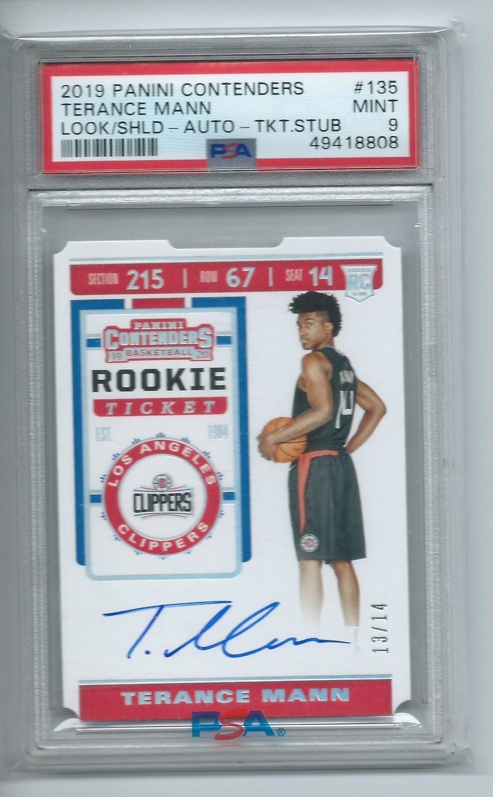 TERANCE MANN 2019-20 CONTENDERS ROOKIE TICKET STUB DIE CUT AUTO RC #D /14 PSA 9