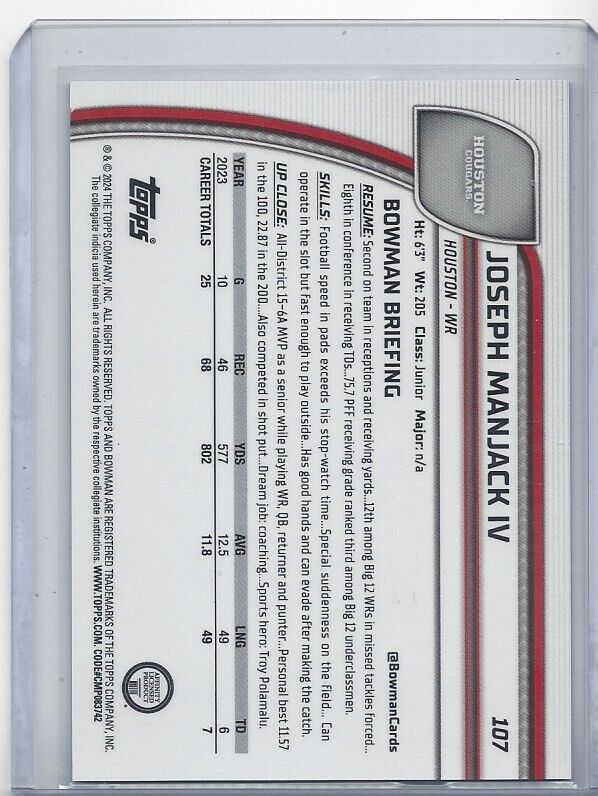 JOSEPH MANJACK IV 20224 BOWMAN CHROME U 1ST PURPLE MINI DIAMOND REFRACTOR /375