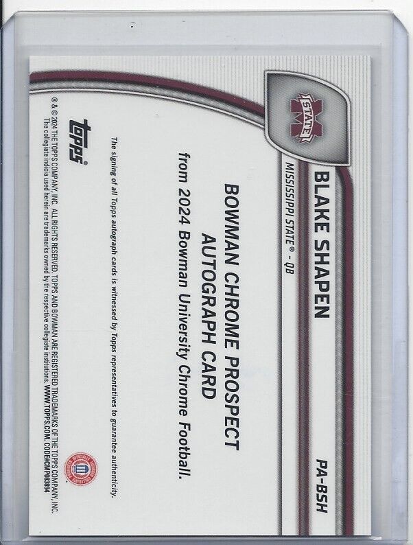 BLAKE SHAPEN 20224 BOWMAN CHROME UNIVERSITY MISSISSIPPI STATE AUTO