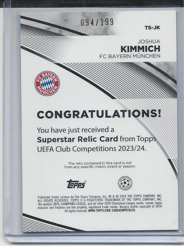 JOSHUA KIMMICH 2023-24 TOPPS CLUB COMPETITIONS GREEN MATCH WORN JERSEY #D 94/199