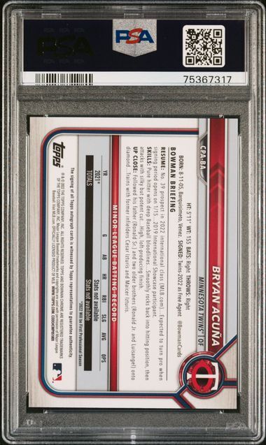BRYAN ACUNA 2022 BOWMAN CHROME PROSPECTS 1ST AUTO SPECKLE REFRACTOR /299 PSA 10