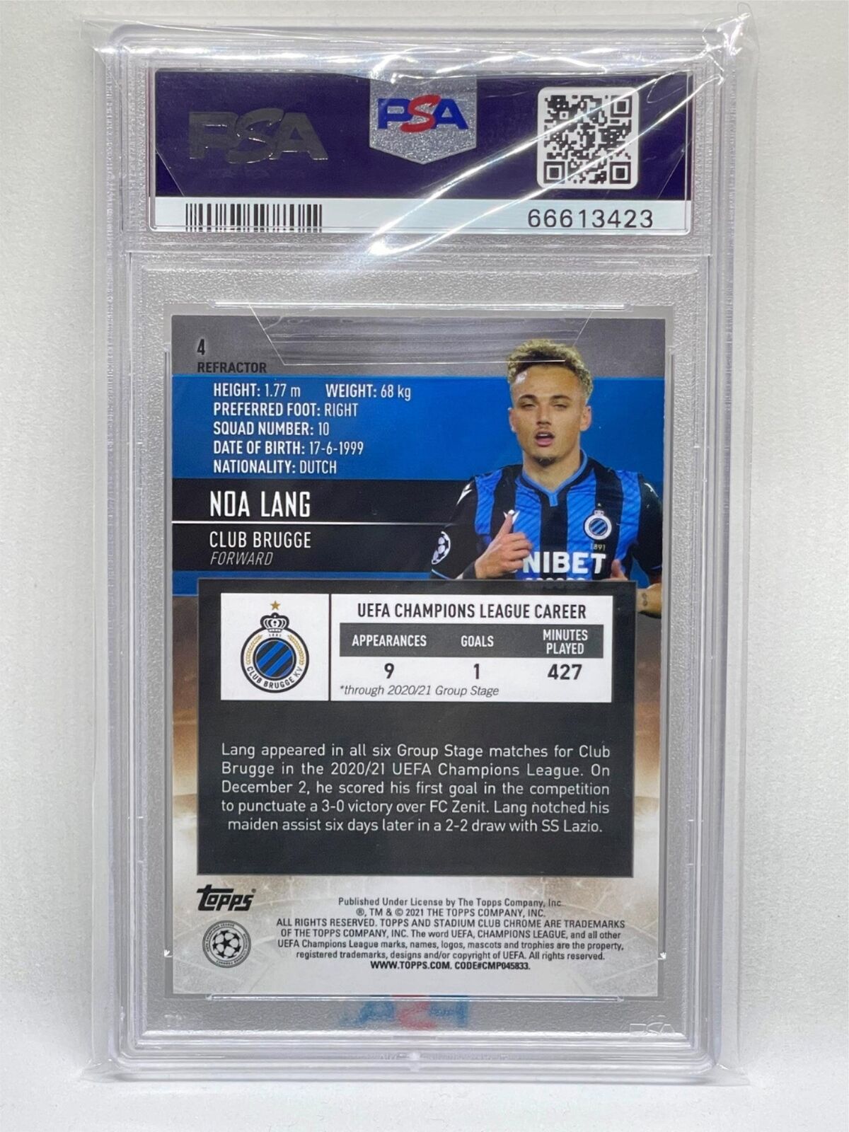 NOA LANG 2020-21 TOPPS STADIUM CLUB CHROME REFRACTOR #4 ROOKIE RC PSA 10 POP 2