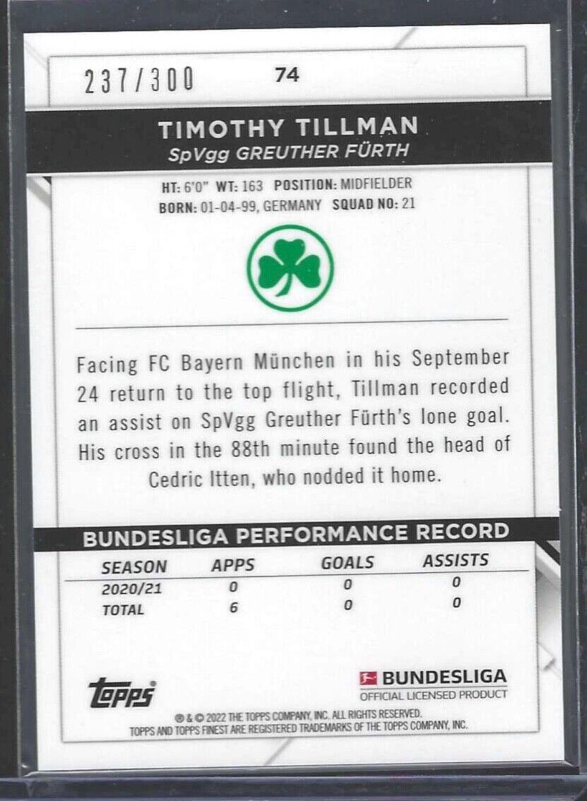 TIMOTHY TILLMAN 2021-22 TOPPS FINEST PINK REFRACTOR ROOKIE RC #D 237/300
