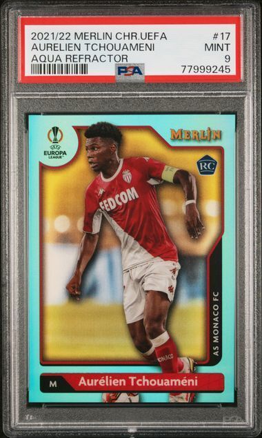 AURELIEN TCHOUAMENI 2021-22 TOPPS MERLIN UEFA AQUA REFRACTOR RC /199 PSA 9 MINT