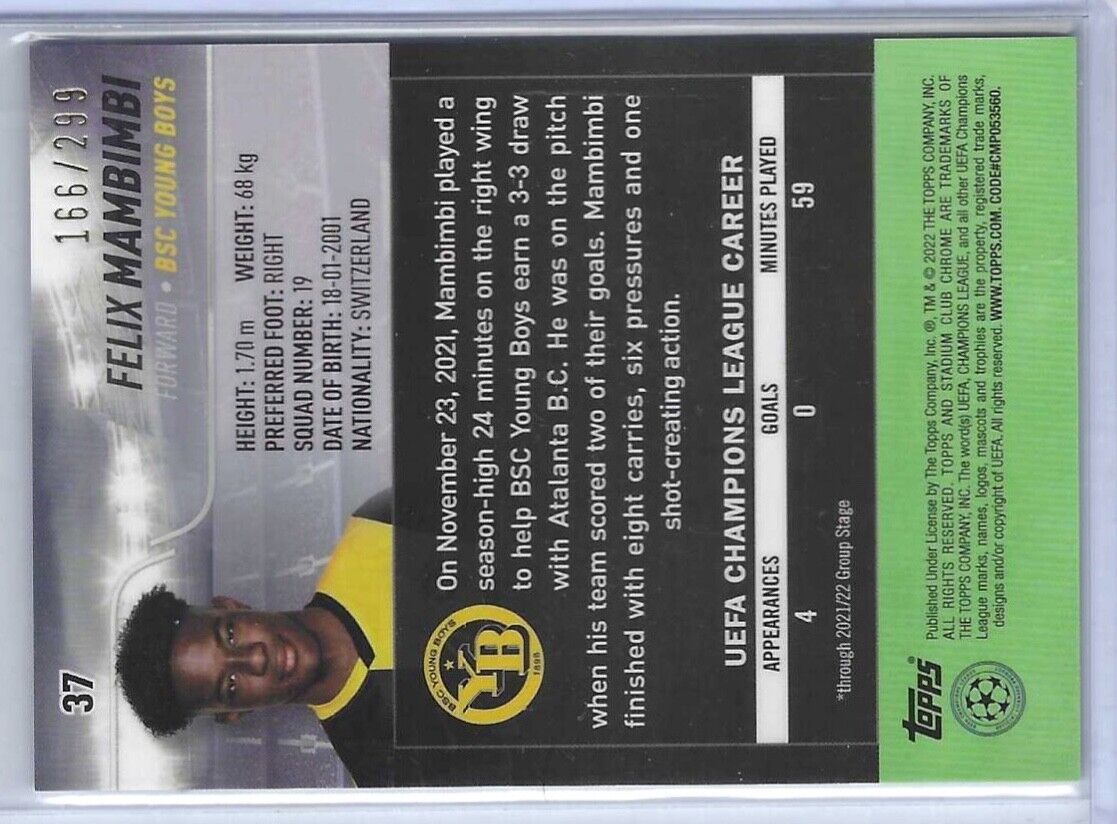 FELIX MAMBIMBI 2021-22 STADIUM CLUB CHROME NEGATIVE REFRACTOR RC #D 166/299