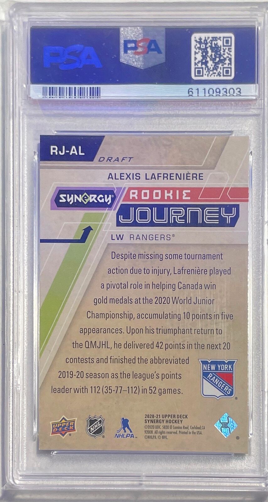 ALEXIS LAFRENIERE 2020-21 U.D. SYNERGY JOURNEY DRAFT RC #D 172/999 PSA 10 POP 9