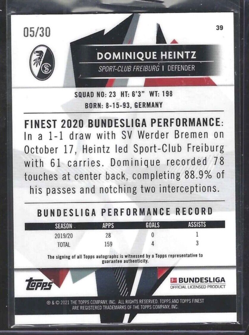 DOMINIQUE HEINTZ 2020-21 TOPPS FINEST GREEN WAVE REFRACTOR AUTO #D 05/30