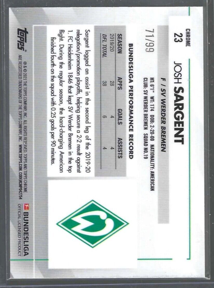 JOSH SARGENT 2020-21 TOPPS CHROME BUNDESLIGA GREEN REFRACTOR #D 71/99