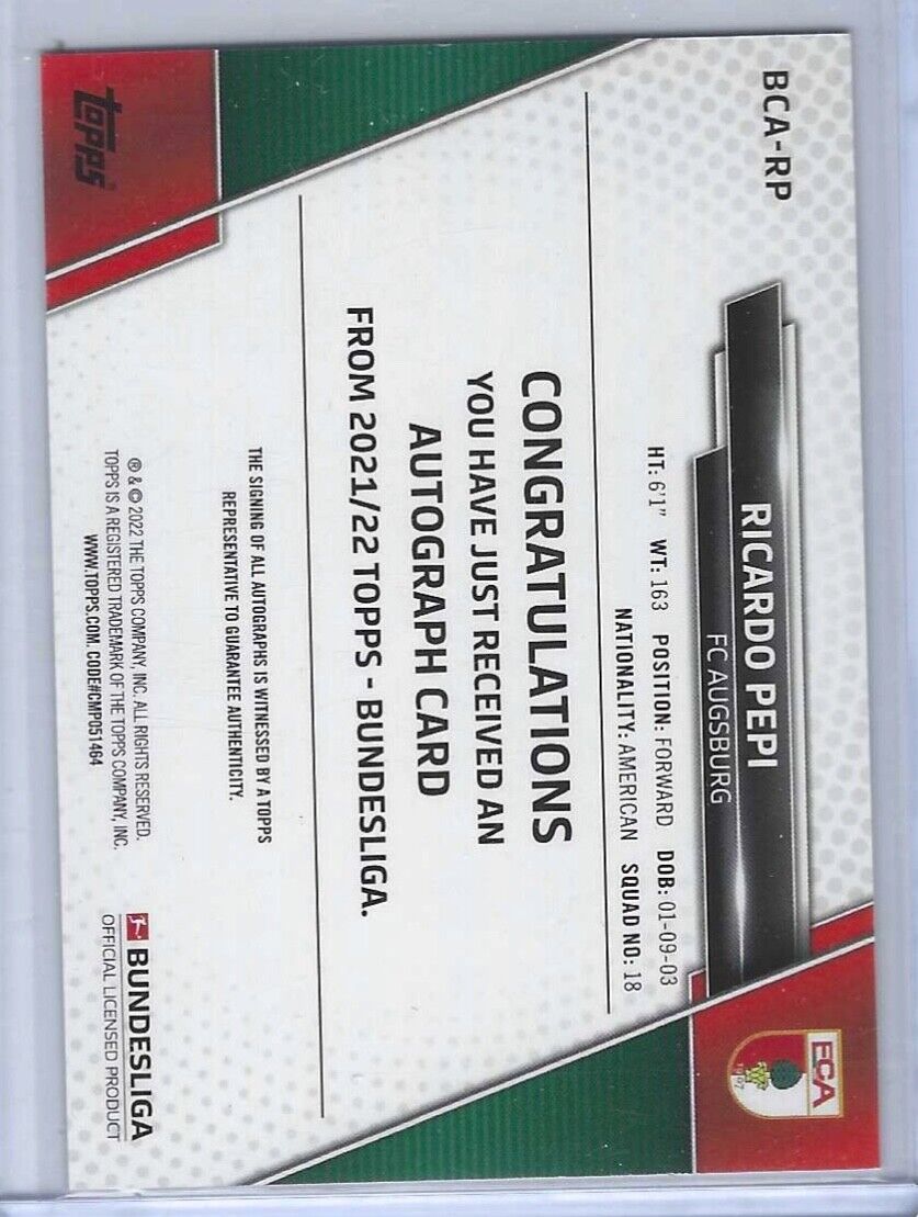 RICARDO PEPI 2021-22 TOPPS BUNDESLIGA SILVER FOIL AUTO #BCA-RP
