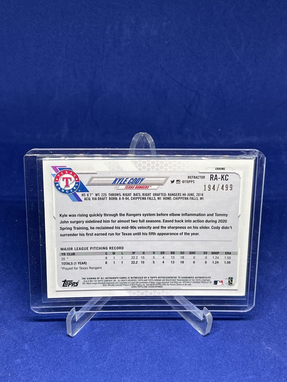 KYLE CODY 2021 TOPPS CHROME REFRACTOR ON CARD AUTO ROOKIE RC #D 194/499