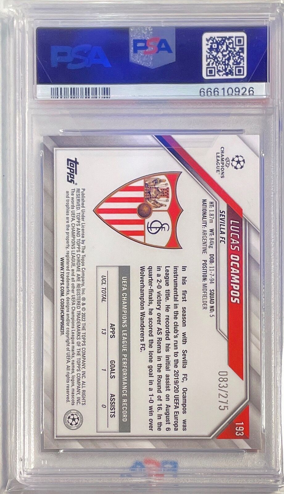 LUCAS OCAMPOS 2021-22 TOPPS CHROME MINI DIAMOND REFRACTOR #D /275 PSA 10 POP 1/1