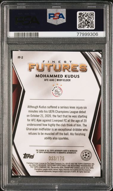 MOHAMMED KUDUS 2021-22 FINEST UCL FINEST FUTURES AUTO RC #D 53/175 PSA 10 POP 3