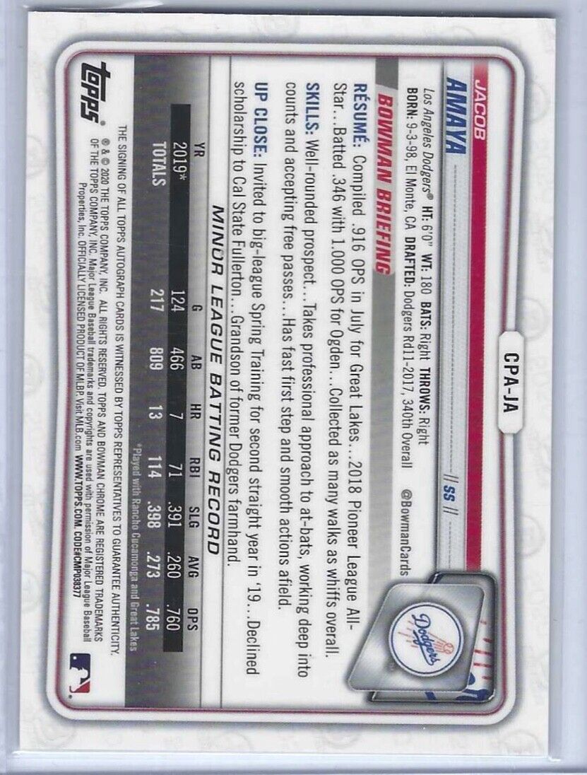 JACOB AMAYA 2020 BOWMAN CHROME 1ST PROSPECT ON CARD AUTO #CPA-JA