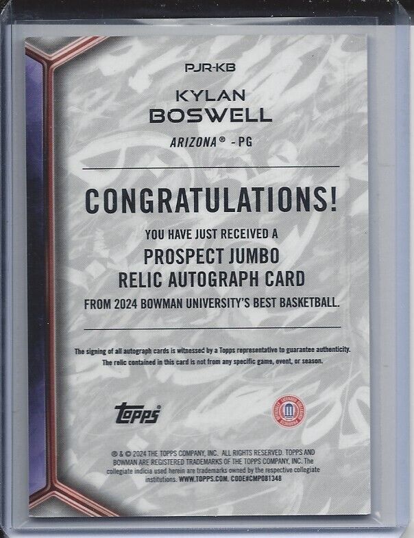 KYLAN BOSWELL 2023 BOWMANS BEST UNIVERSITY JERSEY AUTO SILHOUETTE REFRACTOR