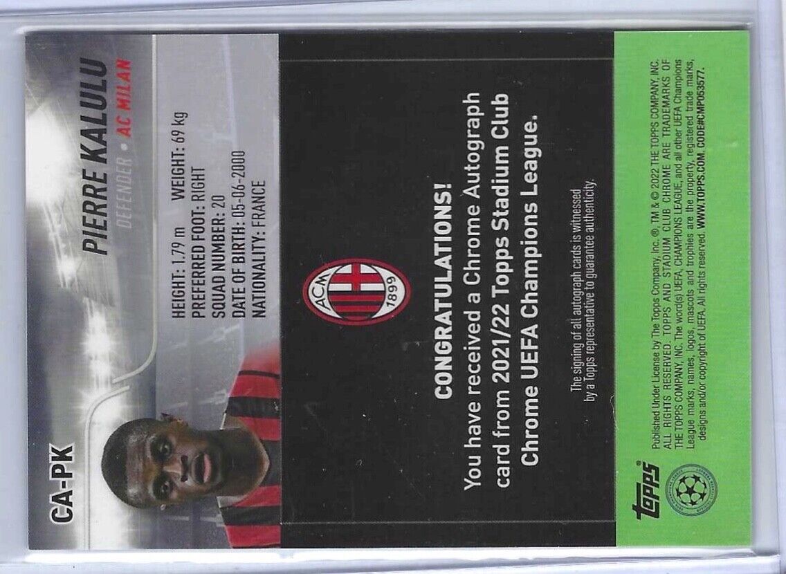 PIERRE KALULU 2021-22 TOPPS STADIUM CLUB CHROME REFRACTOR AUTO RC #CA-PK