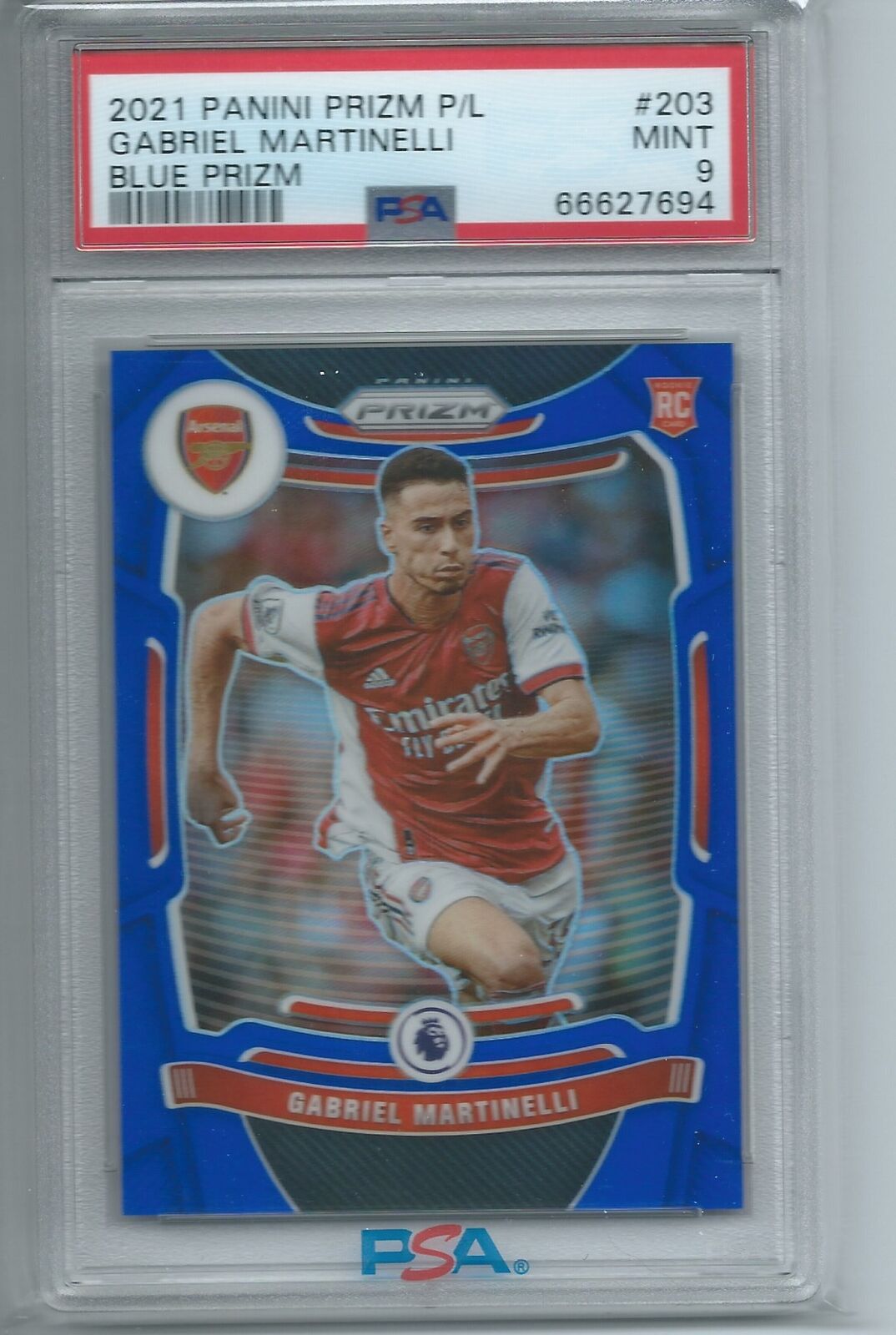 GABRIEL MARTINELLI 2021-22 PRIZM PREMIER LEAGUE BLUE PRIZM RC #D /340 PSA 9 MINT