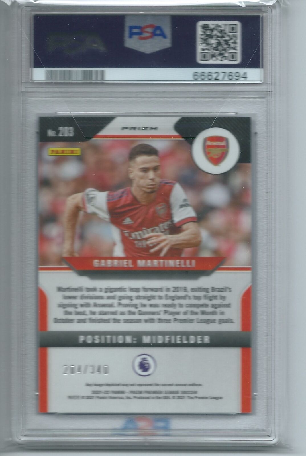 GABRIEL MARTINELLI 2021-22 PRIZM PREMIER LEAGUE BLUE PRIZM RC #D /340 PSA 9 MINT