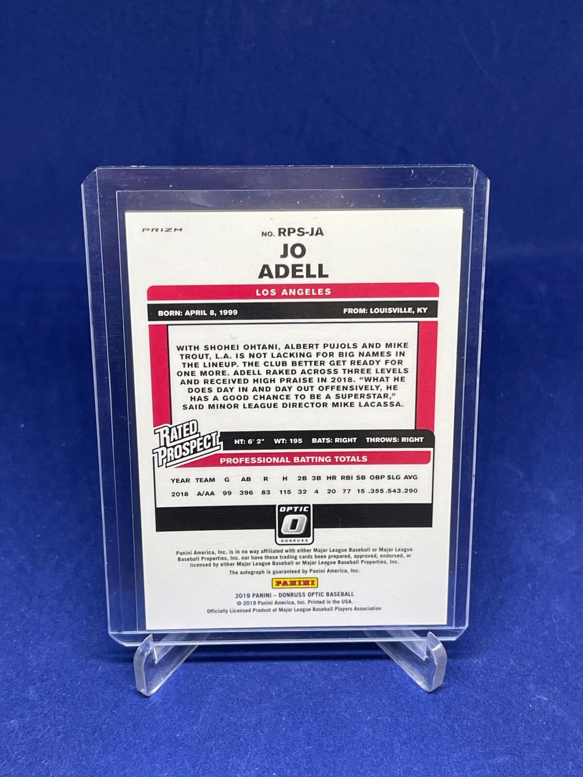 JO ADELL 2019 PANINI DONRUSS OPTIC RATED PROSPECT PRIZM HOLO ON CARD AUTO