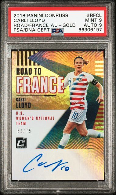 CARLI LLOYD 2018-19 PANINI DONRUSS ROAD TO FRANCE GOLD AUTO /75 PSA 9 MINT POP 4