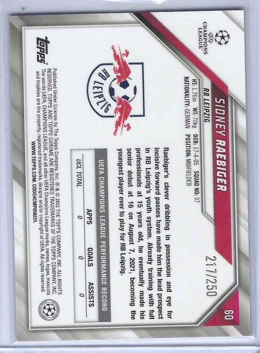 SIDNEY RAEBIGER 2021-22 TOPPS CHROME UCL PURPLE REFRACTOR ROOKIE RC #D 217/250
