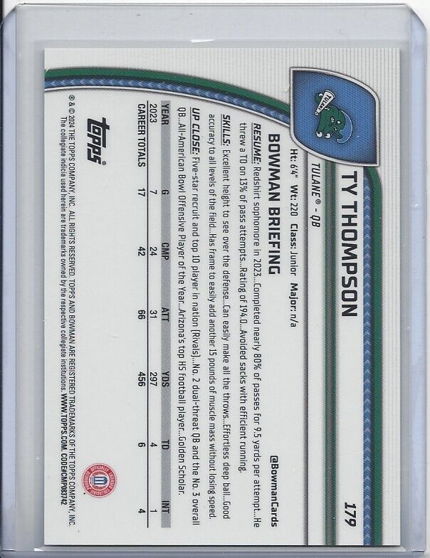 TY THOMPSON 2024 BOWMAN CHROME UNIVERSITY 1ST YELLOW REFRACTOR TULANE #D /75