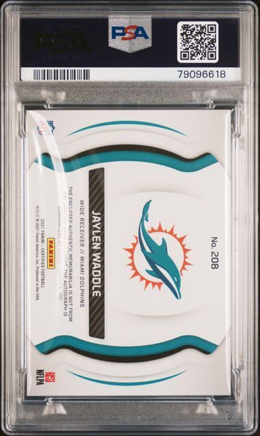 JAYLEN WADDLE 2021 CERTIFIED FRESHMAN FABRIC PATCH AUTO MIRROR TEAL RC /35 PSA 9