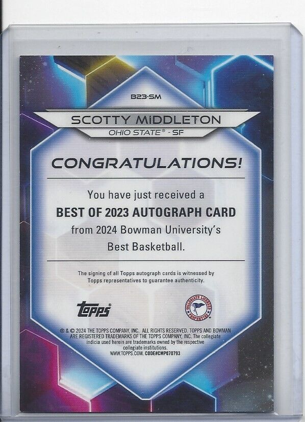 SCOTTY MIDDLETON 2023 BOWMANS BEST TEAL GEOMETRIC REFRACTOR OSU AUTO #D 3/15