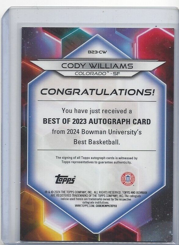 CODY WILLIAMS 2023 BOWMANS BEST UNIVERSITY COLORADO REFRACTOR AUTO #D 92/125