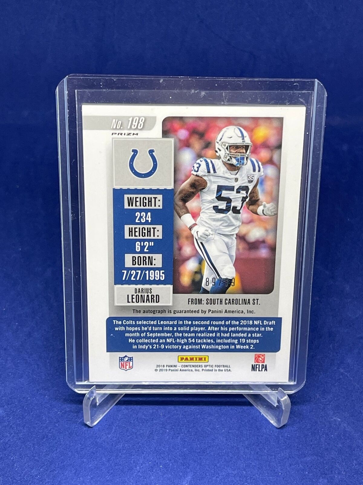 DARIUS LEONARD 2018 PANINI CONTENDERS OPTIC TICKET PURPLE PRIZM AUTO RC #D 89/99