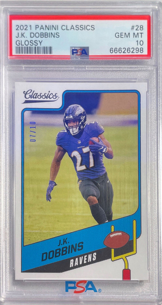 J.K. DOBBINS 2021 PANINI CLASSICS GLOSSY #D 07/10 PSA 10 GEM MINT POP 1/1