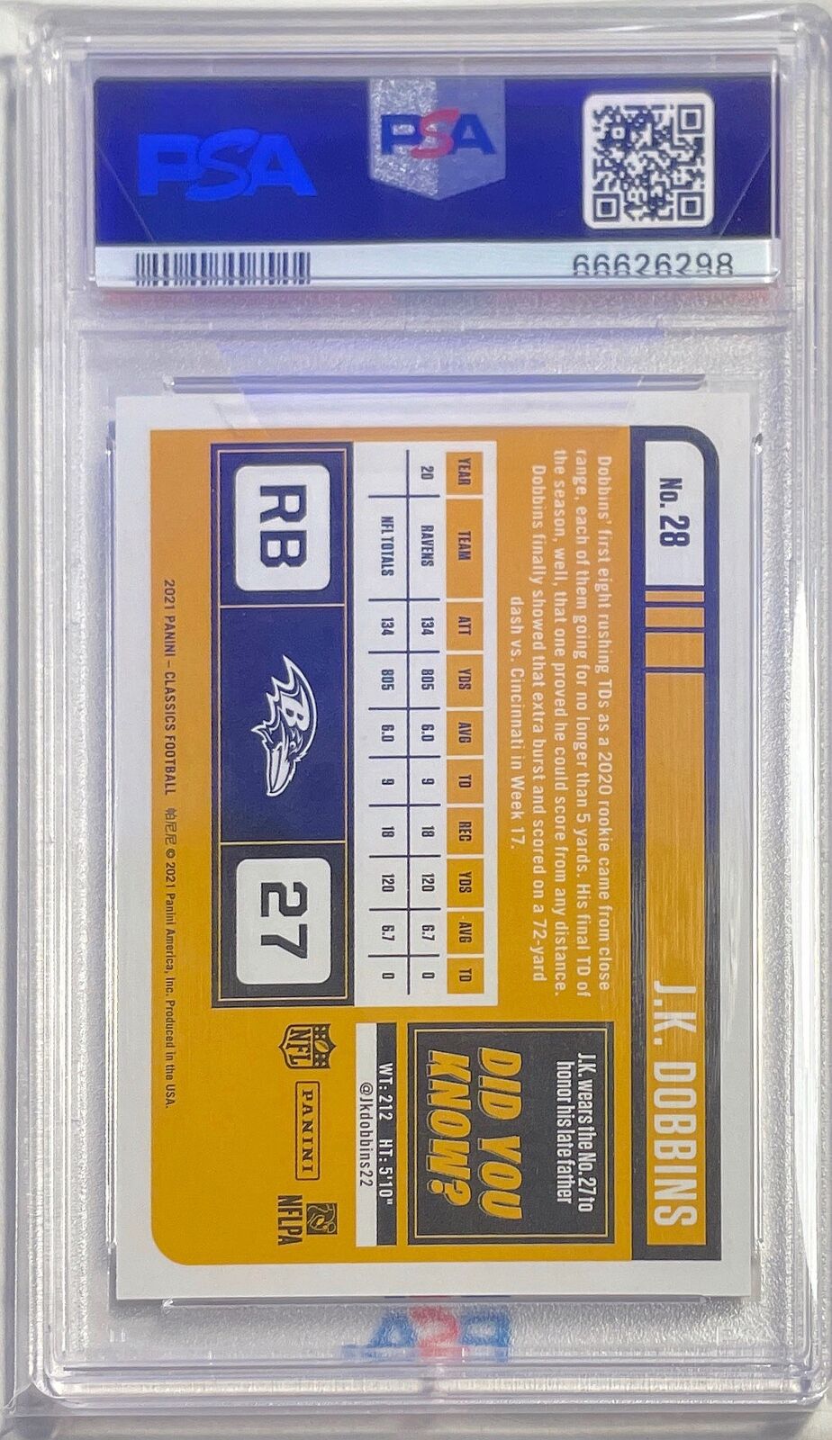 J.K. DOBBINS 2021 PANINI CLASSICS GLOSSY #D 07/10 PSA 10 GEM MINT POP 1/1