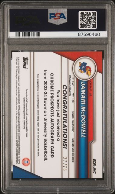 JAMARI MCDOWELL 2023 BOWMAN U CHROME 1ST YELLOW REFRACTOR AUTO /75 PSA 10 GEM