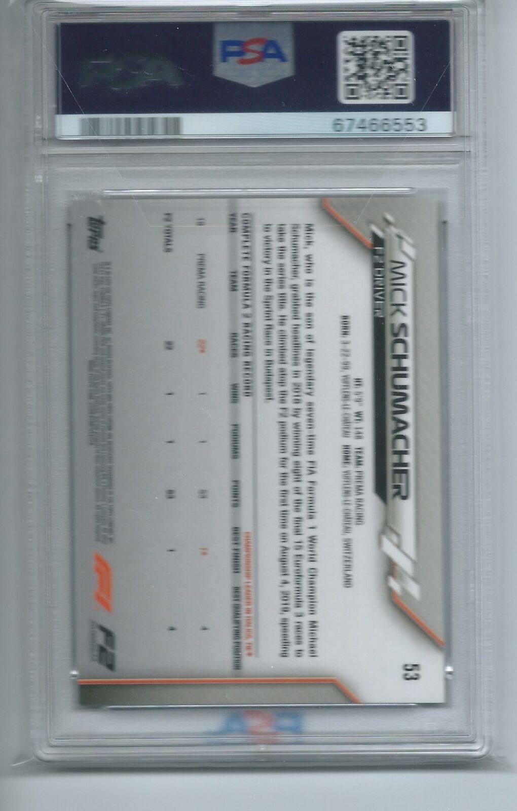 MICK SCHUMACHER 2020 TOPPS CHROME F1 FORMULA ONE FUTURE STARS #53 PSA 9 MINT