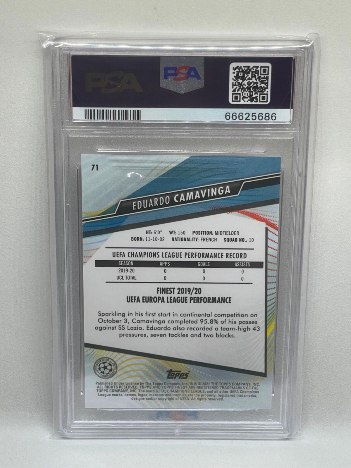 EDUARDO CAMAVINGA 2020-21 TOPPS FINEST UCL #71 ROOKIE RC PSA 10 GEM MINT