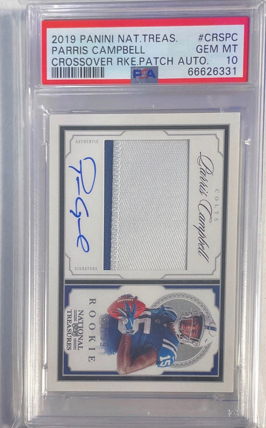 PARRIS CAMPBELL 2019 NATIONAL TREASURES PATCH AUTO RC #D 38/99 PSA 10 POP 1/1