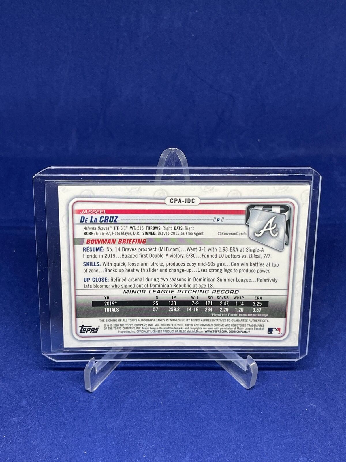 JASSEEL DE LA CRUZ 2020 BOWMAN CHROME 1ST PURPLE REFRACTOR AUTO #D 223/250