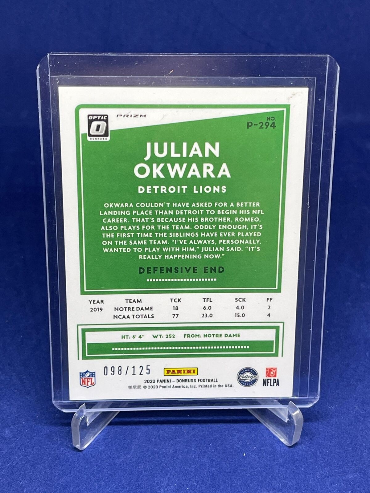 JULIAN OKWARA 2020 PANINI DONRUSS OPTIC BLUE PRIZM HOLO ROOKIE RC #D 98/125