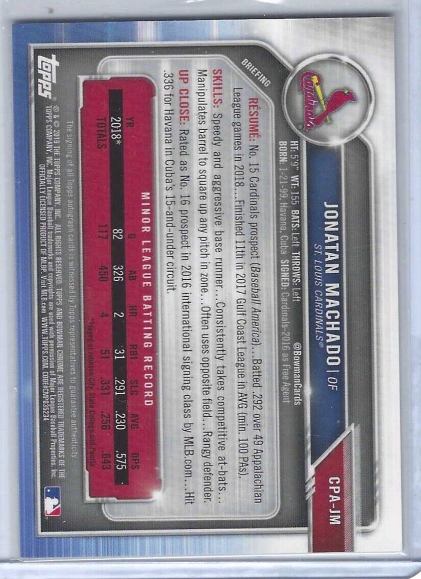 JONATAN MACHADO 2019 BOWMAN CHROME GREEN ATOMIC REFRACTOR PROSPECT AUTO #D 39/99