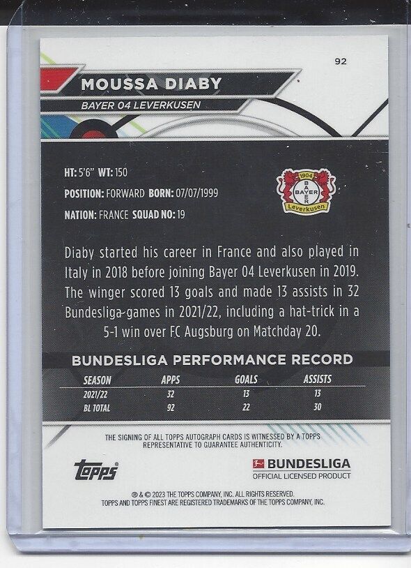 MOUSSA DIABY 2022-23 TOPPS FINEST BUNDESLIGA LEVERKUSEN REFRACTOR AUTO