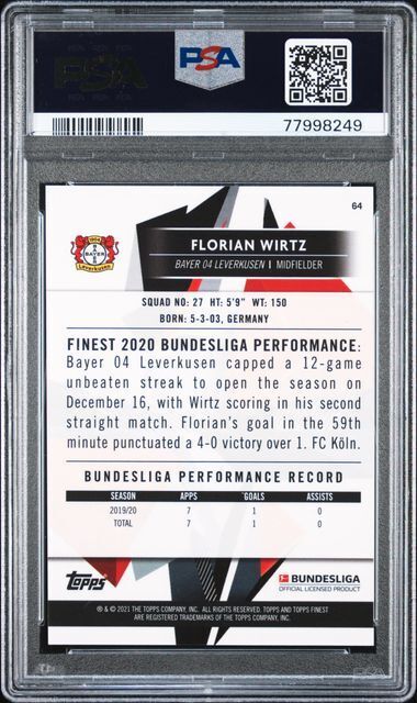 FLORIAN WIRTZ 2020-21 TOPPS FINEST BUNDESLIGA ROOKIE RC #64 PSA 10 GEM MINT