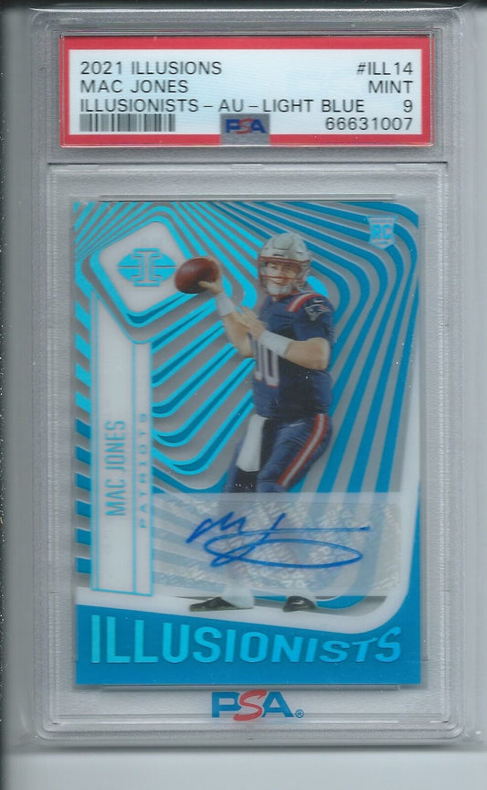 MAC JONES 2021 ILLUSIONS ILLUSIONISTS LIGHT BLUE AUTO RC #D 1/25 PSA 9 POP 3