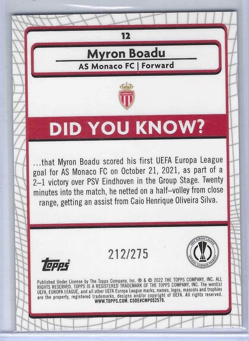 MYRON BOADU 2021-22 TOPPS MERLIN PINK MOJO REFRACTOR ROOKIE RC #D 212/275