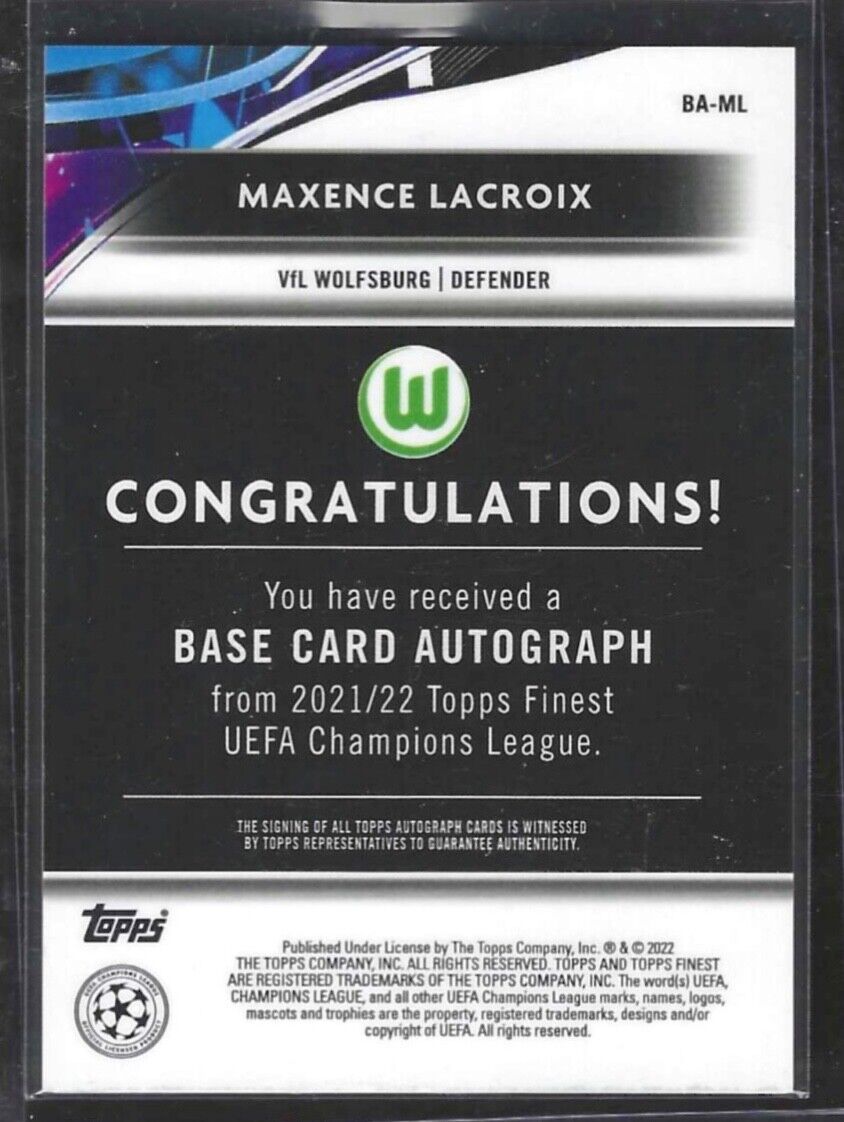 MAXENCE LACROIX 2021-22 TOPPS FINEST SILVER REFRACTOR AUTO #BA-ML