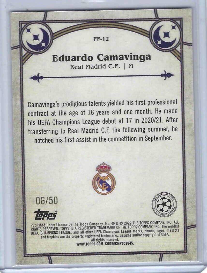 EDUARDO CAMAVINGA 2021-22 TOPPS MERLIN GOLD REFRACTOR PROPHECY FULFILLED #D /50