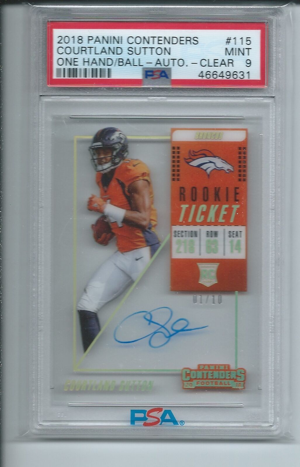 COURTLAND SUTTON 2018 CONTENDERS ROOKIE TICKET CLEAR AUTO RC /10 PSA 9 POP 3