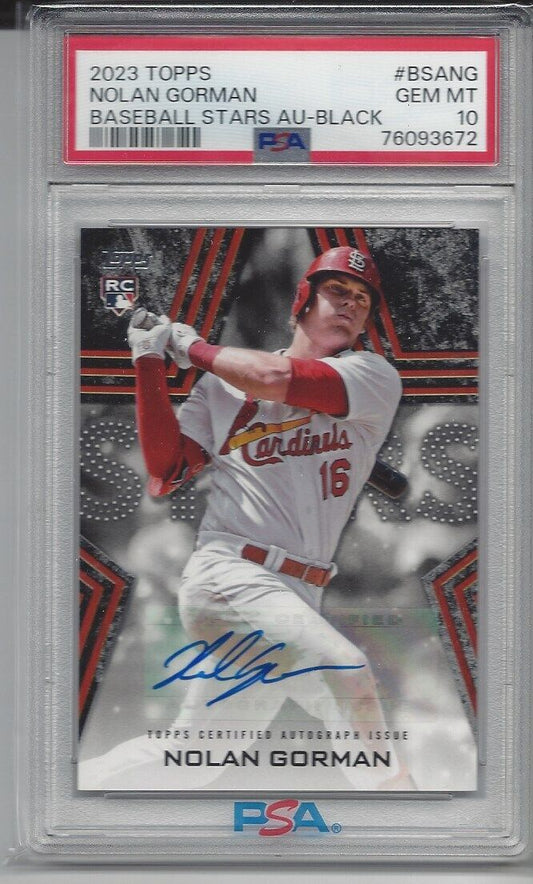 NOLAN GORMAN 2023 TOPPS BASEBALL STARS BLACK AUTO #D 177/199 PSA 10 GEM POP 1/1