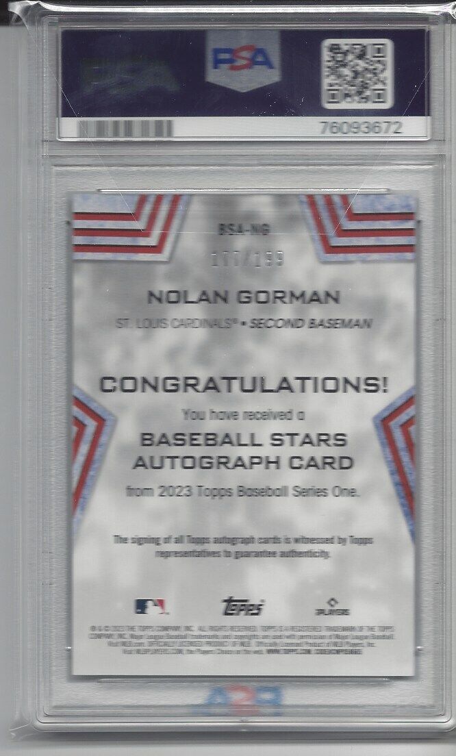 NOLAN GORMAN 2023 TOPPS BASEBALL STARS BLACK AUTO #D 177/199 PSA 10 GEM POP 1/1